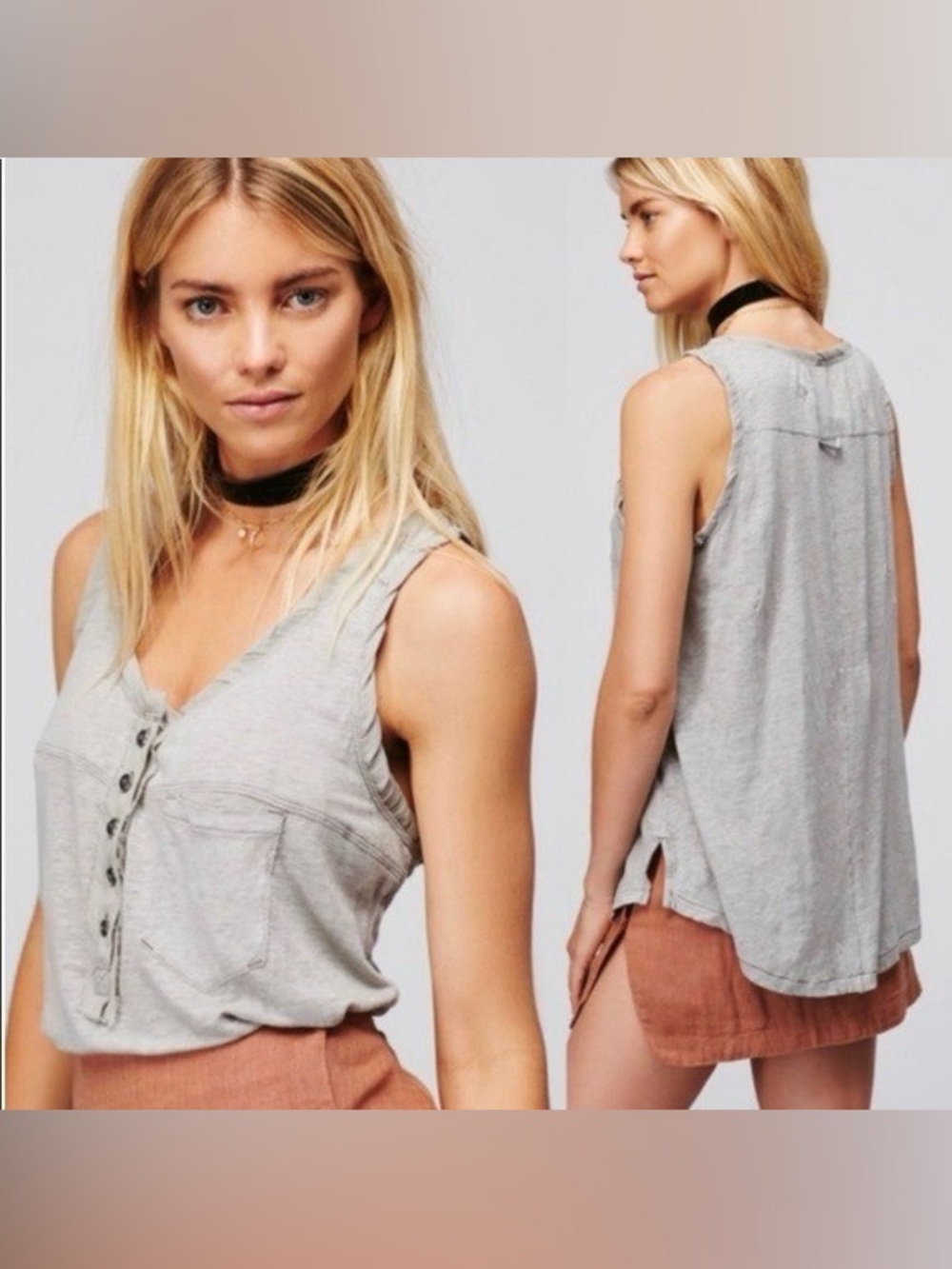 Free People Traveler Light Gray Henley Linen Tank